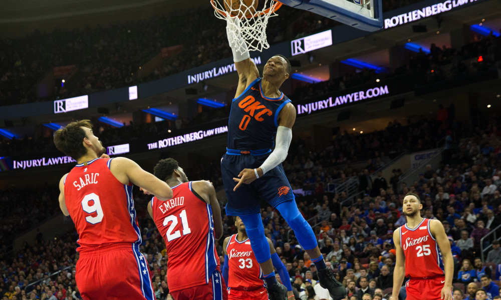 Russell Westbrook misses a dunk in front of Joel Embiid